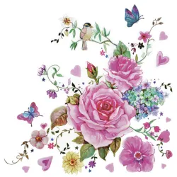 Set di 20 tovaglioli con rose disegnate a fiori e farfalle 33x33 cm