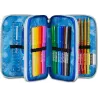 Seven Astuccio Scuola Elementare, 3 scomparti, Medie, con Matite, Pennarelli, Penne, 3 Zip, Hue & Writes, Bambino, Ragazzo, blu