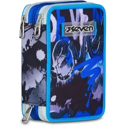 Seven Astuccio Scuola Elementare, 3 scomparti, Medie, con Matite, Pennarelli, Penne, 3 Zip, Hue & Writes, Bambino, Ragazzo, blu