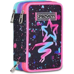 Seven Astuccio Scuola Elementare, 3 scomparti, Medie, con Matite, Pennarelli, Penne, 3 Zip