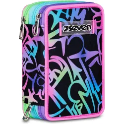 Seven Astuccio Scuola Elementare, 3 scomparti, Medie, con Matite, Pennarelli, Penne, 3 Zip