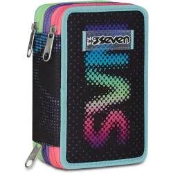 Seven Astuccio Scuola 3 Zip, Nero Fucsia, Portapenne Triplo Scomparto Completo Di Penne, Matite, Colori
